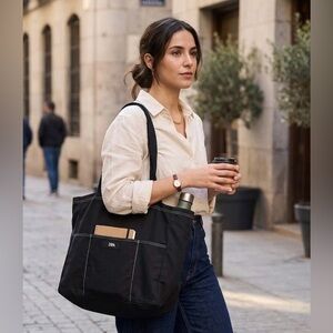 NEW, ZARA LARGE Cotton Fabric Shopper Shoulder TOTE Bag BLACK w/ Pockets.